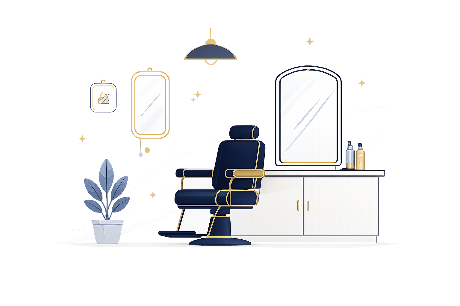 Ilustração de uma barbearia com cadeira, espelho e balcão